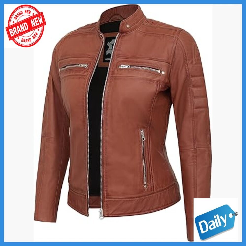 Lambskin Leather Jacket Quilted Cafe Racer Style Regular Fit